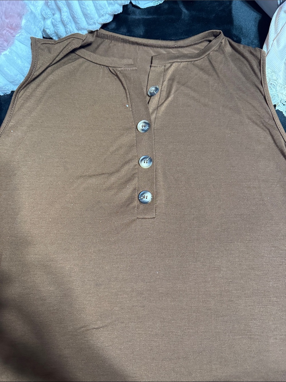 SHEIN Brown Sleeveless Henley Tank with Button Placket